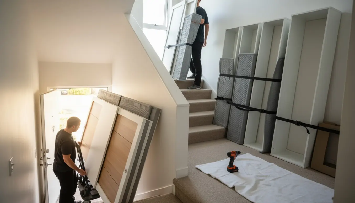 Flytning af hvide garderobeskabe ned ad en trappe med flyttevogn og afdækningsmåtter, ansigter ikke synlige.