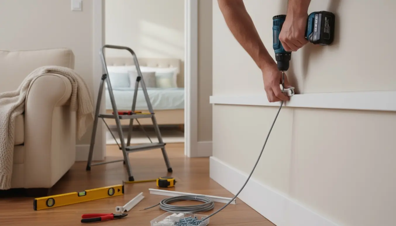 Hænder monterer hvide kabelkanaler langs en væg med værktøj og udsyn til stue og værelse.