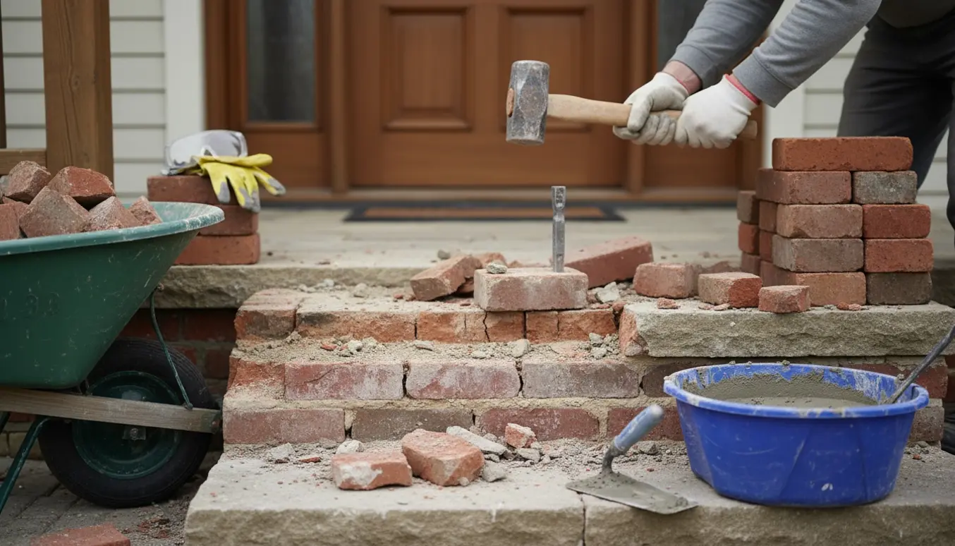 Delvist nedslået fortrappe med frostsprængte mursten, nye frostbestandige mursten og murerredskaber klar til genopbygning.