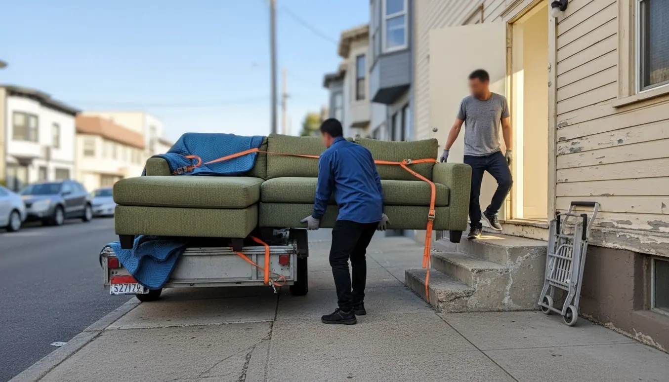 To personer bærer en delt sofa med chaiselong ned fra 2. sal og læsser den på en anhænger foran opgangen.