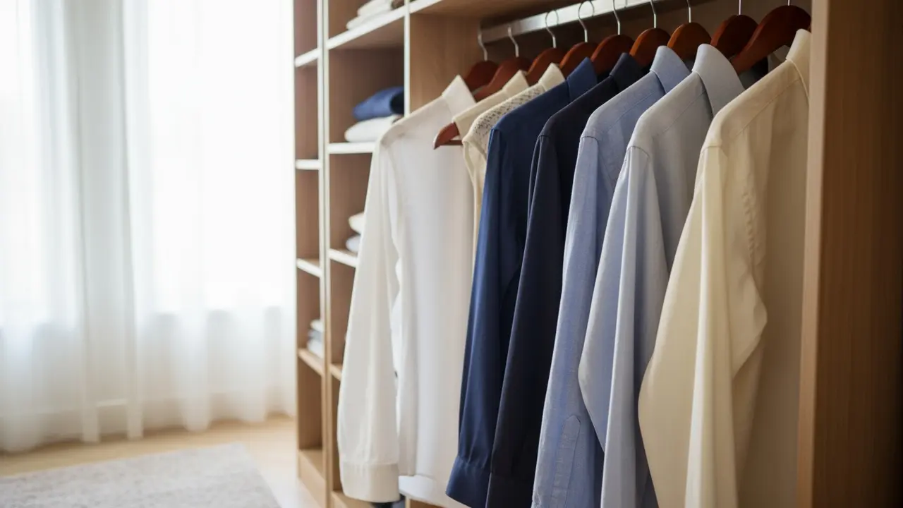 Rene og velplejede skjorter hængende på brede bøjler i en lys garderobe