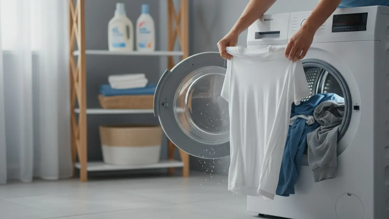 Person tager en skjorte ud af vaskemaskinen og ryster den let