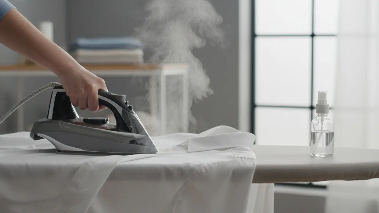 Strygning af en let fugtig skjorte med dampstrygejern og sprayflaske ved siden af