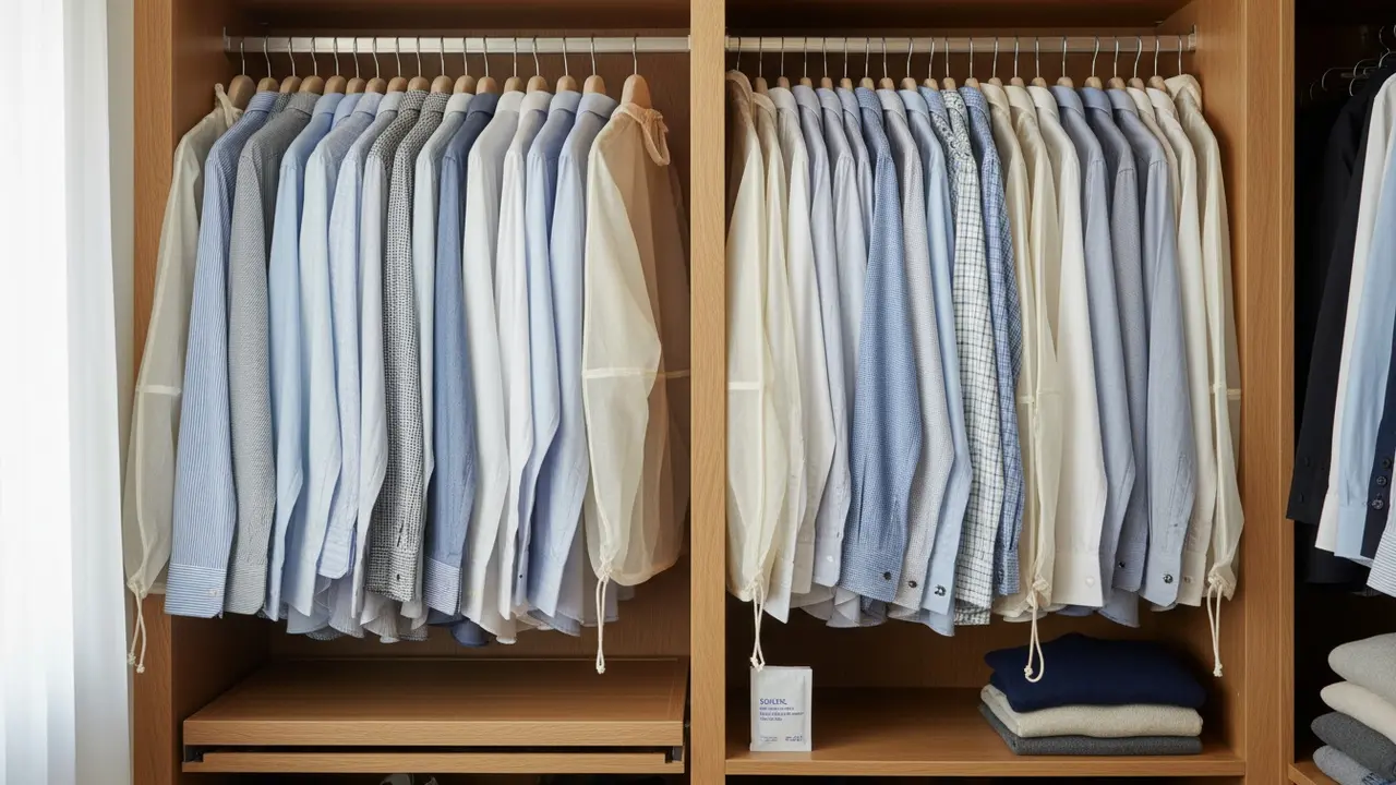 Skjorter hængt på brede, polstrede bøjler i et tørt, luftigt skab