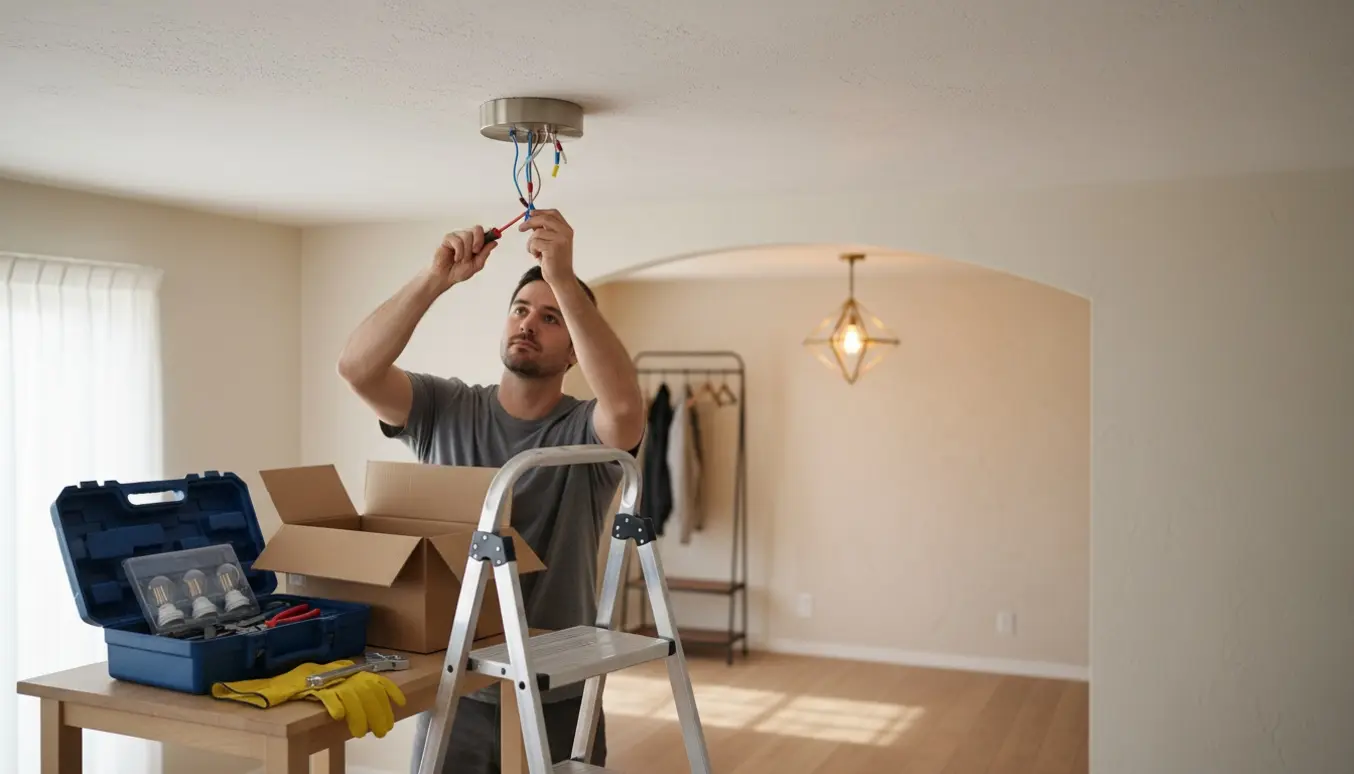 Hænder monterer en loftlampe på en stige i en stue, mens en anden lampe lyser i entreen.