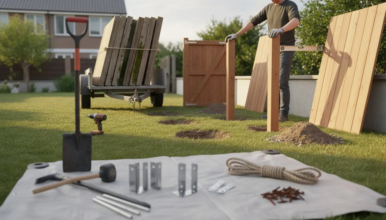 Gammelt hegn fjernes og nye træmoduler og en låge klargøres i en solrig have.