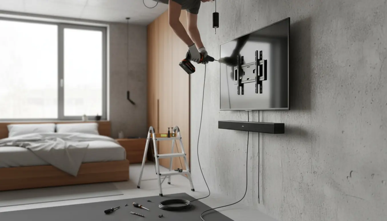 Montering af lampe i loftet og ophæng af TV og soundbar på betonvæg i et soveværelse.