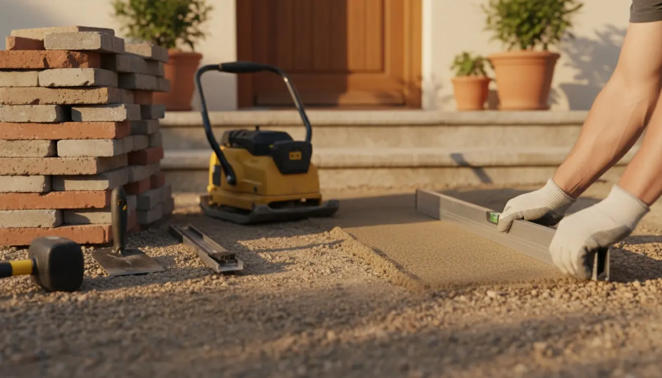 Omlægning af terrassefliser med udlagt bund og fjernede fliser ved indgang.