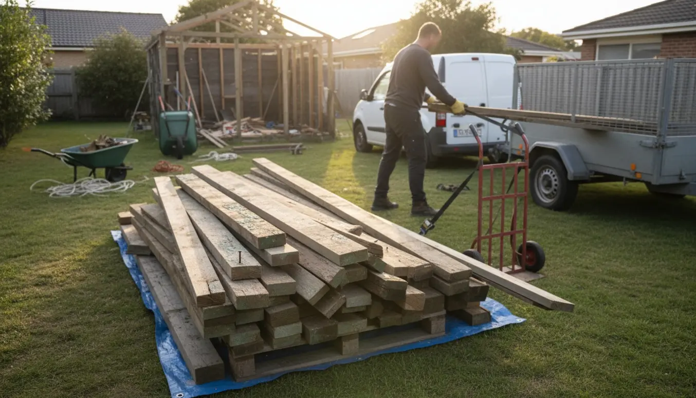 En person læsser revet havehustræ på en trailer i en baghave, ansigtet er ikke synligt.