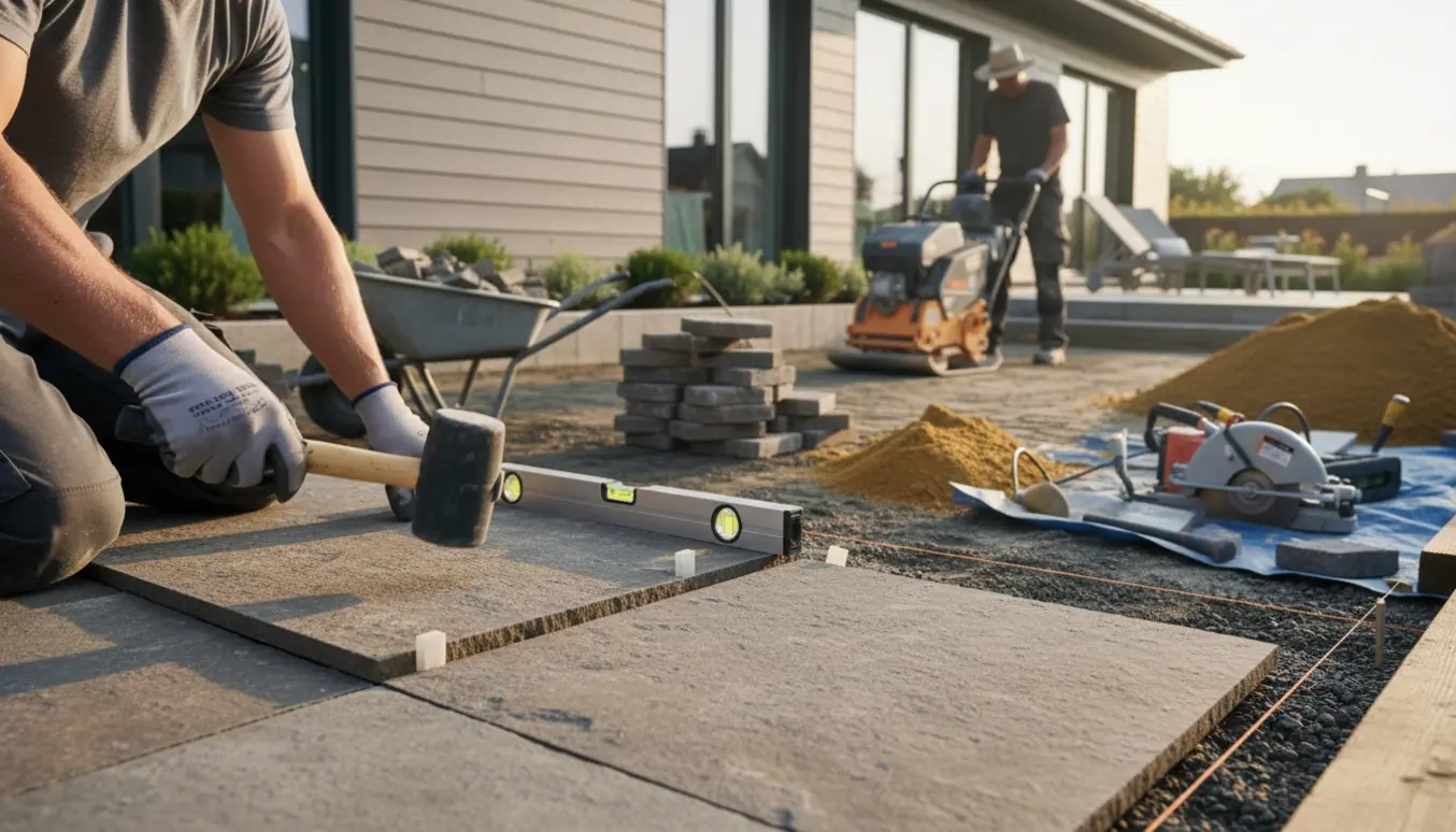 Håndværkere fjerner gammel belægning og lægger store kvadratiske stenfliser omkring et hus.