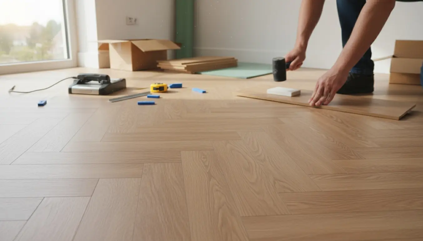 Nærbillede af installation af vinyl klikgulv i sildebensmønster med værktøj og delvist lagt gulv i et lyst rum.