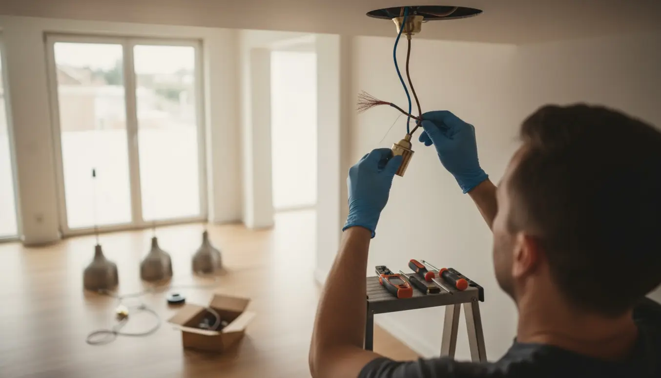 Hænder på en stige forbinder ledninger og monterer en loftslampe med tre nye lamper klar på gulvet.