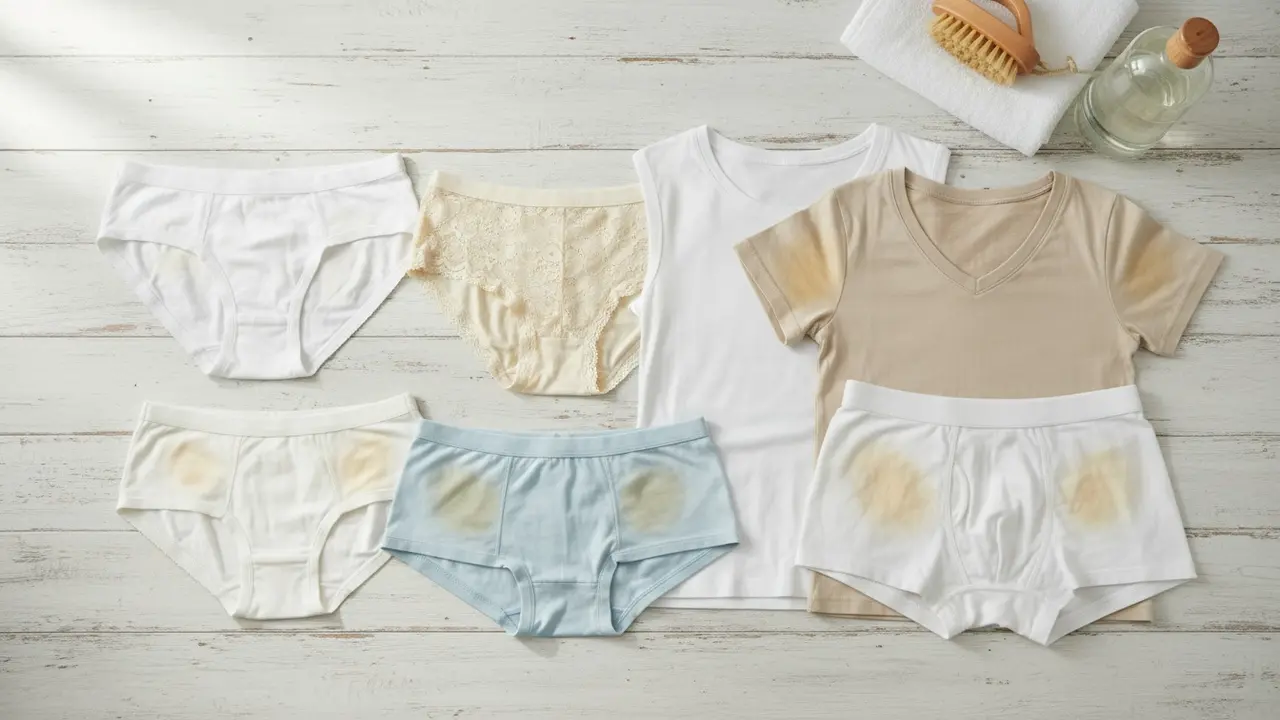 Fladt billede af undertøj med tydelige gule pletter på en lys overflade