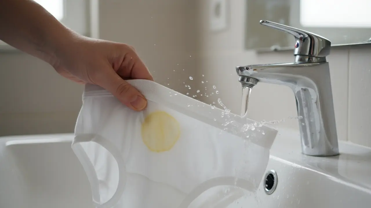 Nærbillede af undertøj der skylles under rindende vand i en håndvask