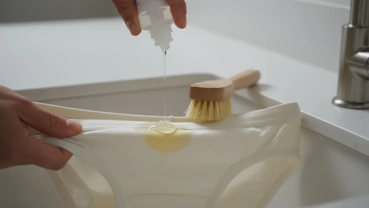 Hænder der påfører flydende vaskemiddel direkte på en gul plet i undertøj