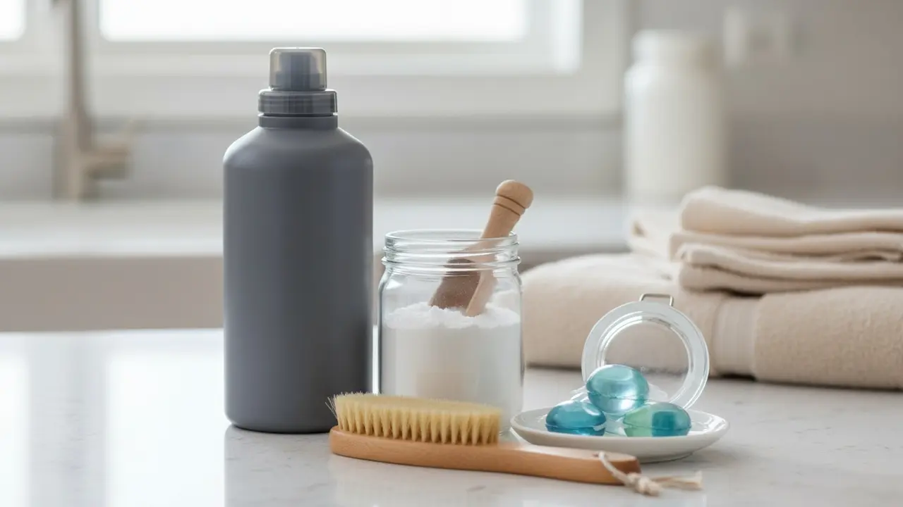 Udvalg af ubrandede vaskemidler og en blød børste til pletbehandling