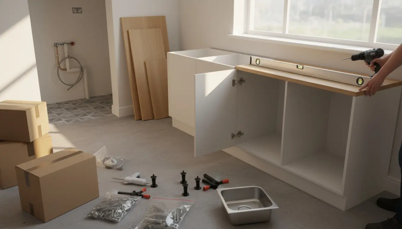 Montage af modulære fladpakkede køkkenskabe i en ny tilbygning med værktøj og synlige VVS-tilslutninger.