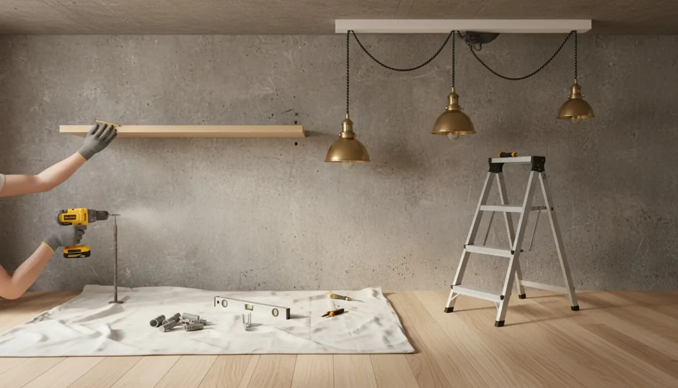 Hænder monterer en lille træhylle på en betonvæg og skjuler ledninger til to loftslamper.