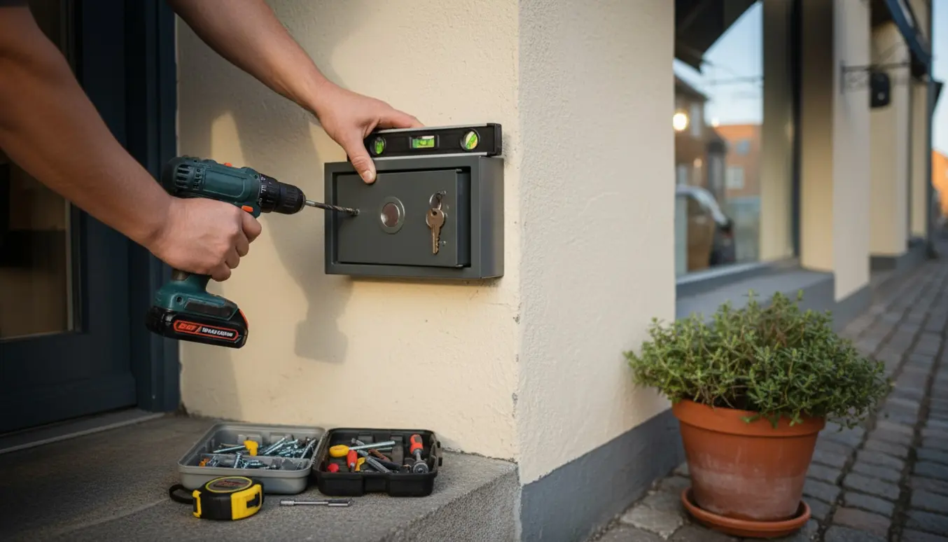 Hænder monterer en vejrbestandig nøgleboks på en butiksvæg udendørs.