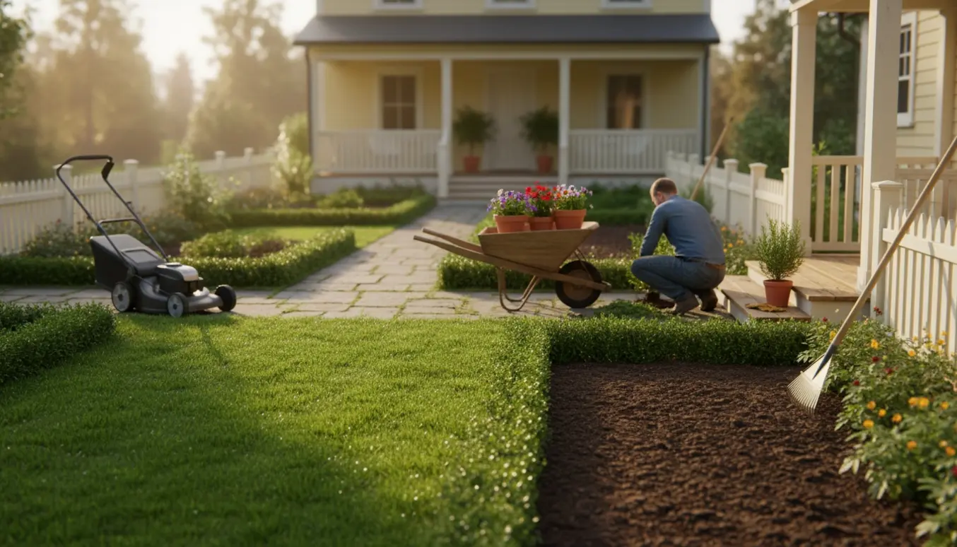 Ryddet forhave med nyslået græs, beskårne hække og haveværktøj, klar til boligsalg.