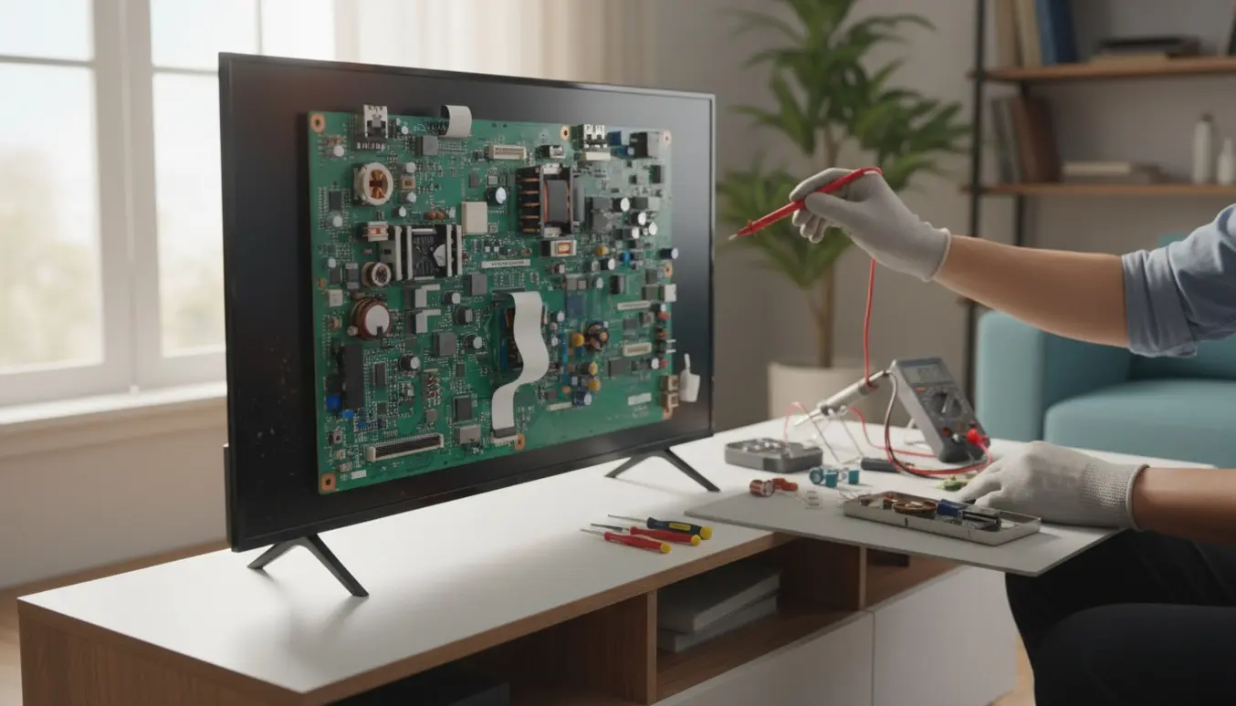 Nærbillede af reparation af et fladskærms-tv med åbent bagcover og værktøj på et arbejdsbord.