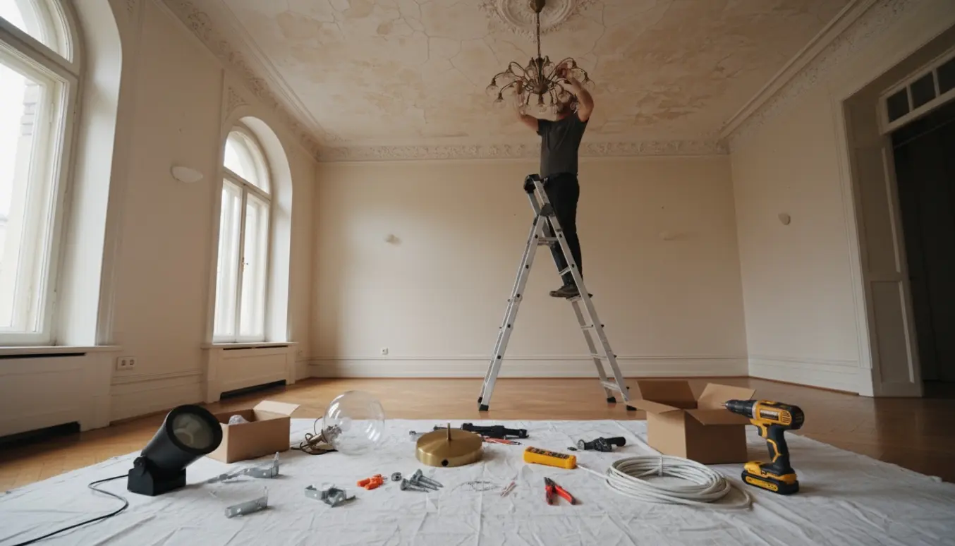 Håndværker på høj stige monterer en edderkoppe-lampe under en gammel ornamenteret loftsroset.