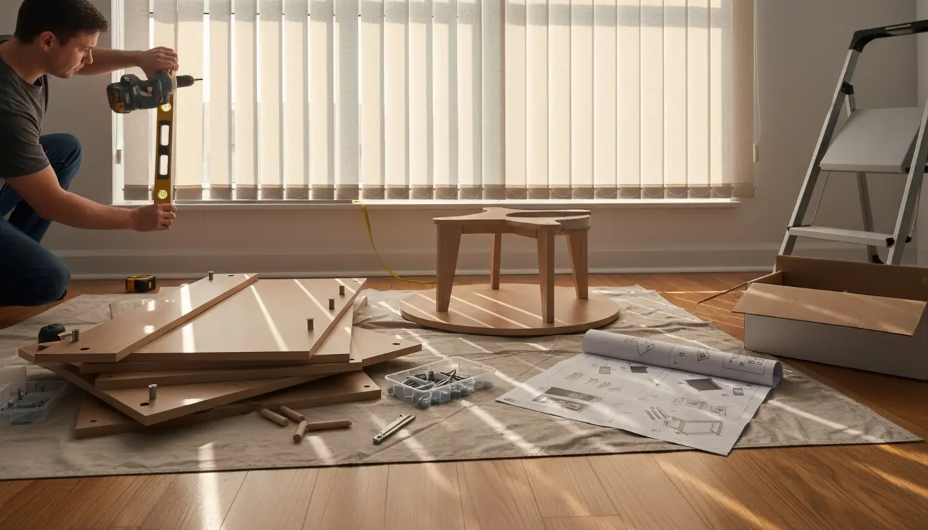 Hænder og værktøj monterer tre specialmål lamelgardiner ved vindue, mens kommode og bord fra Jysk samles.