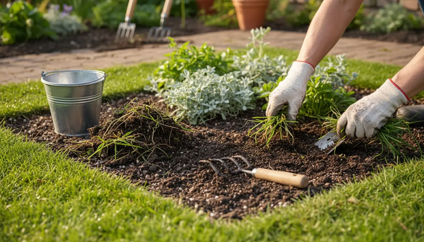 Hænder i handsker luger ukrudt i et rektangulært bed med græs og planter.