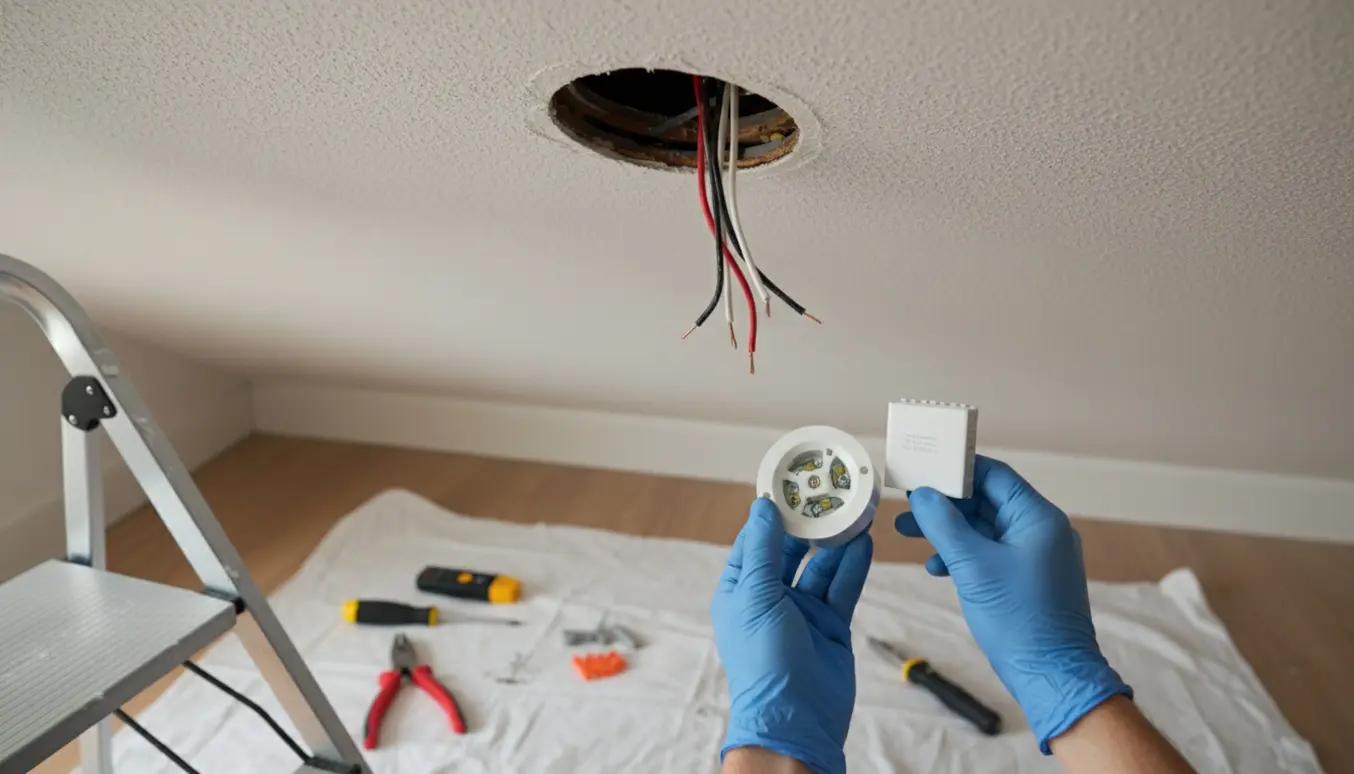 Nærbillede af hænder, der forbereder udskiftning af et lampeudtag i et hvidt loft med værktøj og trappestige i baggrunden.