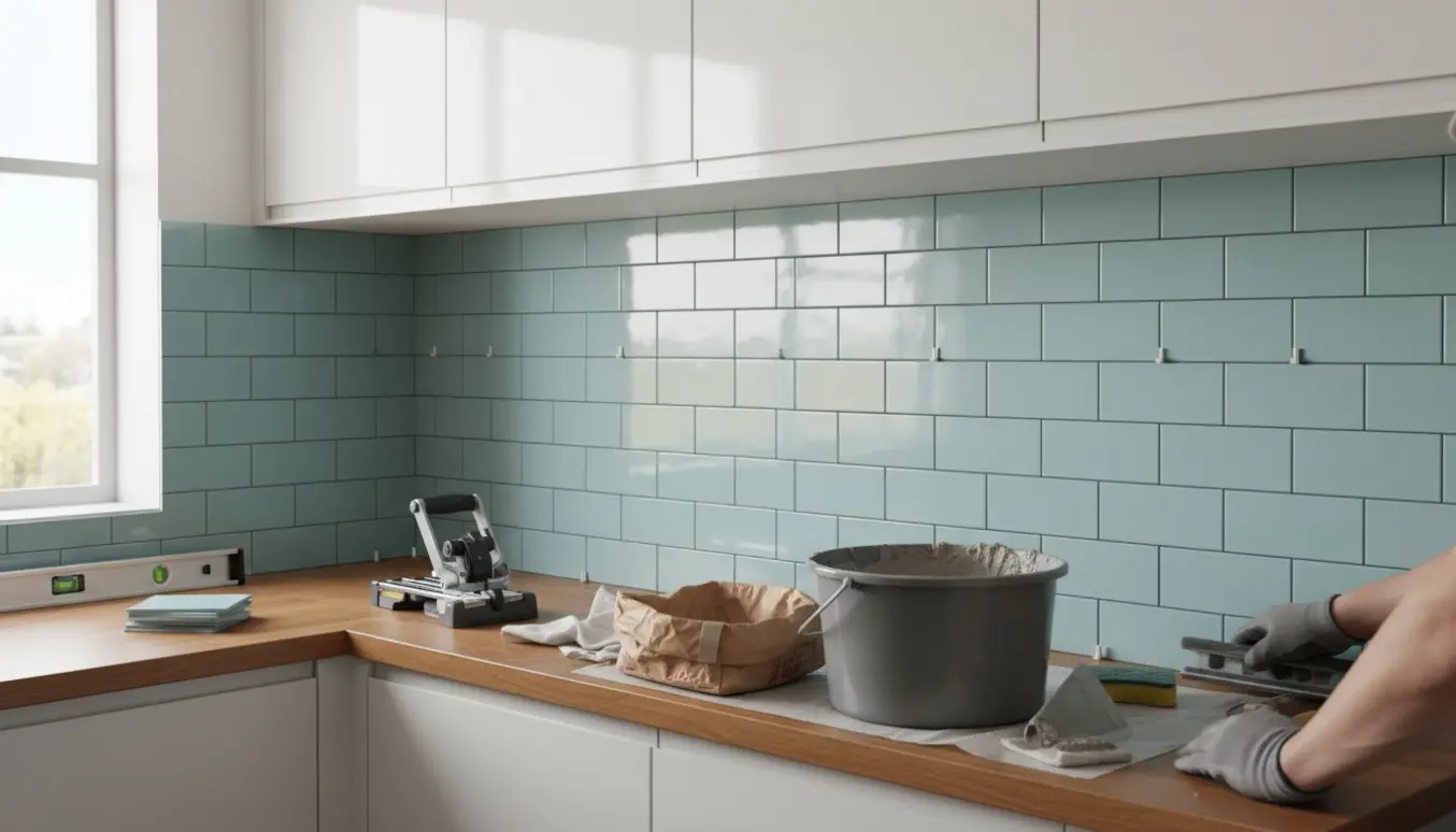 Lyseblå porcelænsfliser i lige mønster som køkken-backsplash med værktøj og mørtel på køkkenbordet.