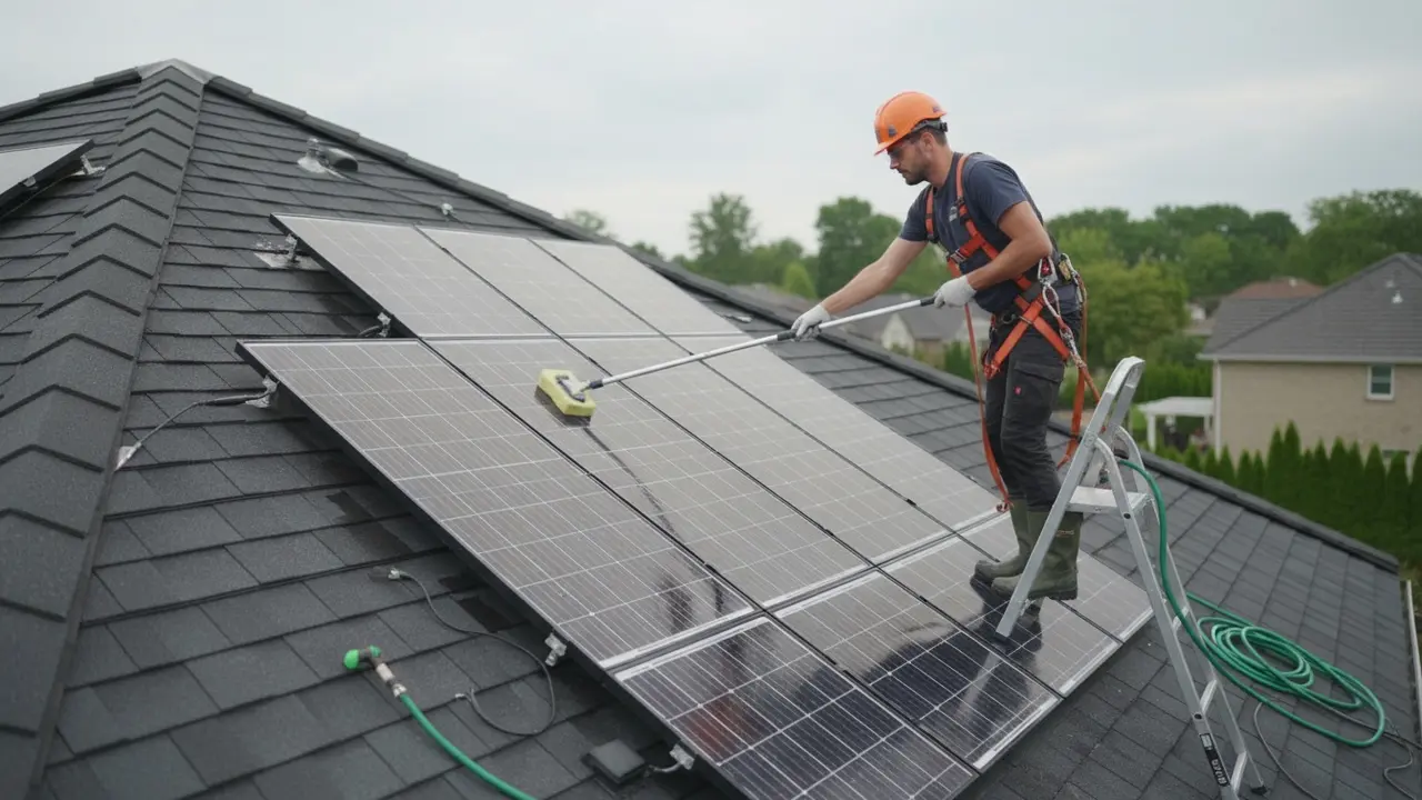 Person på tag med sikkerhedssele og stige rengør solcellepanel med teleskopstang