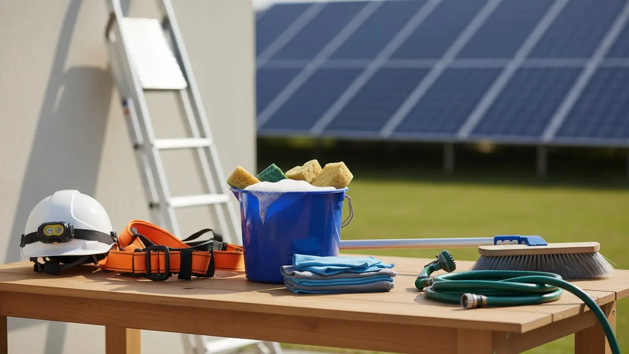 Udstyr til rengøring: sikkerhedssele, stige, spand, blød svamp, mikrofiber og slange