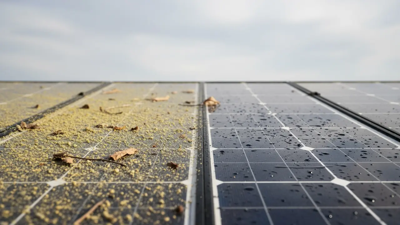 Solcellepanel med tydelig snavs og pollen til venstre og rent område til højre