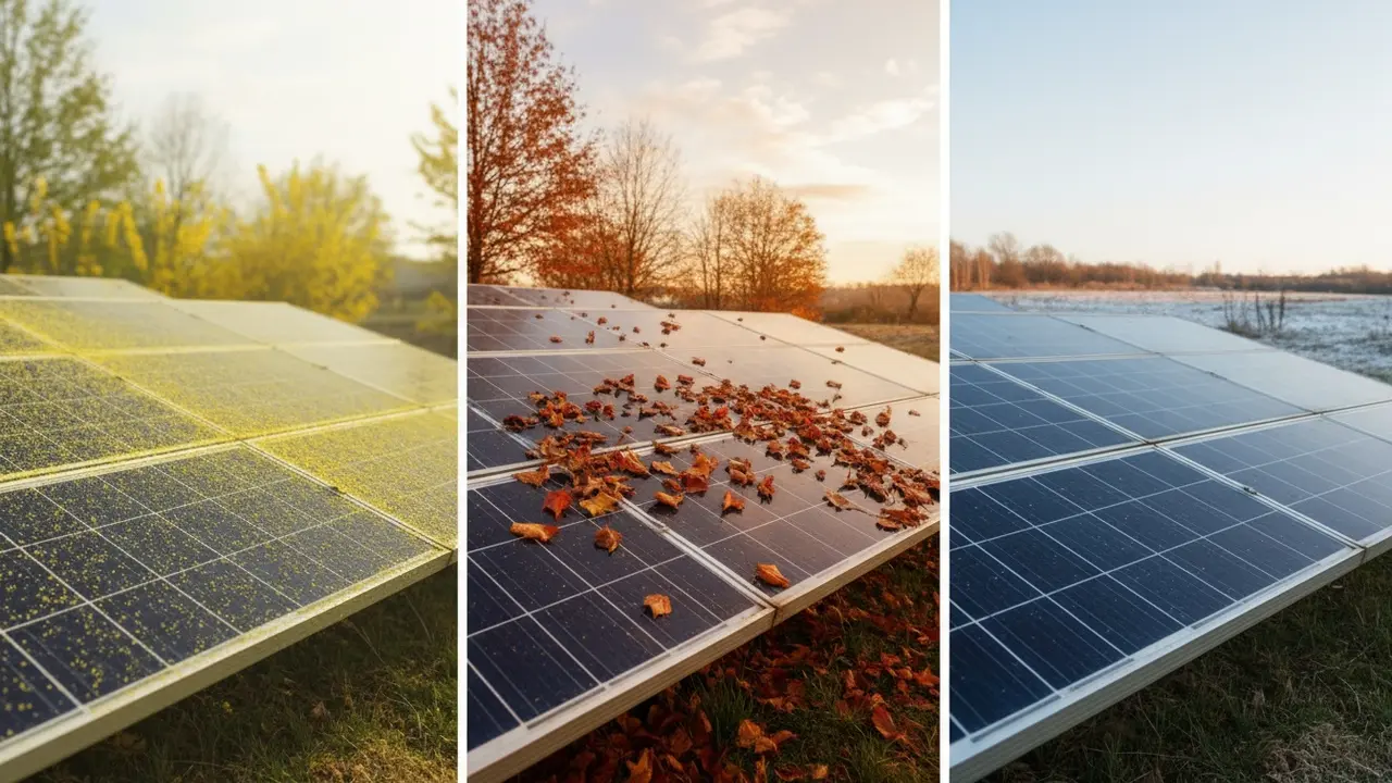 Flere solcellepaneler: pollen, efterårsblade og et rent panel i landskab