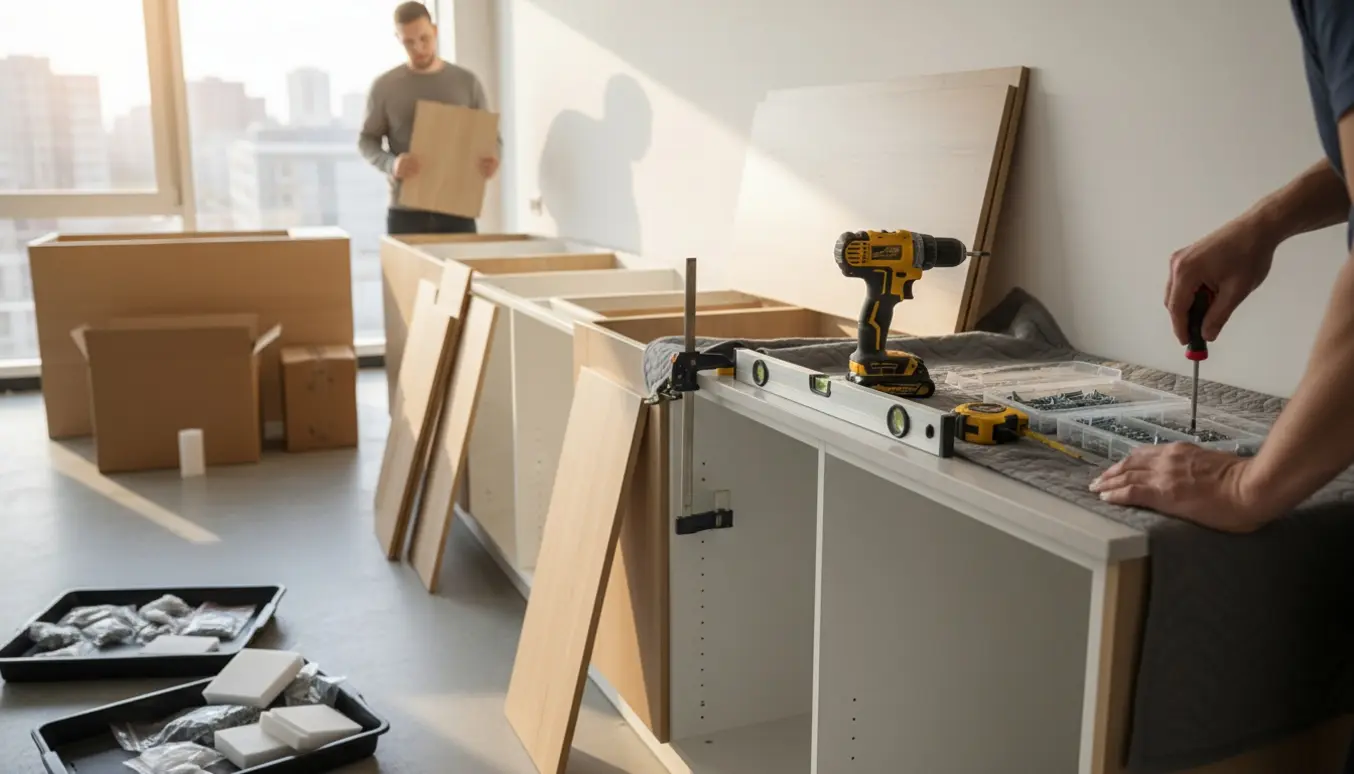 Køkken under montage med halvmonterede skabe, flade kasser og værktøj, hvor ejeren hjælper uden synlige ansigter.