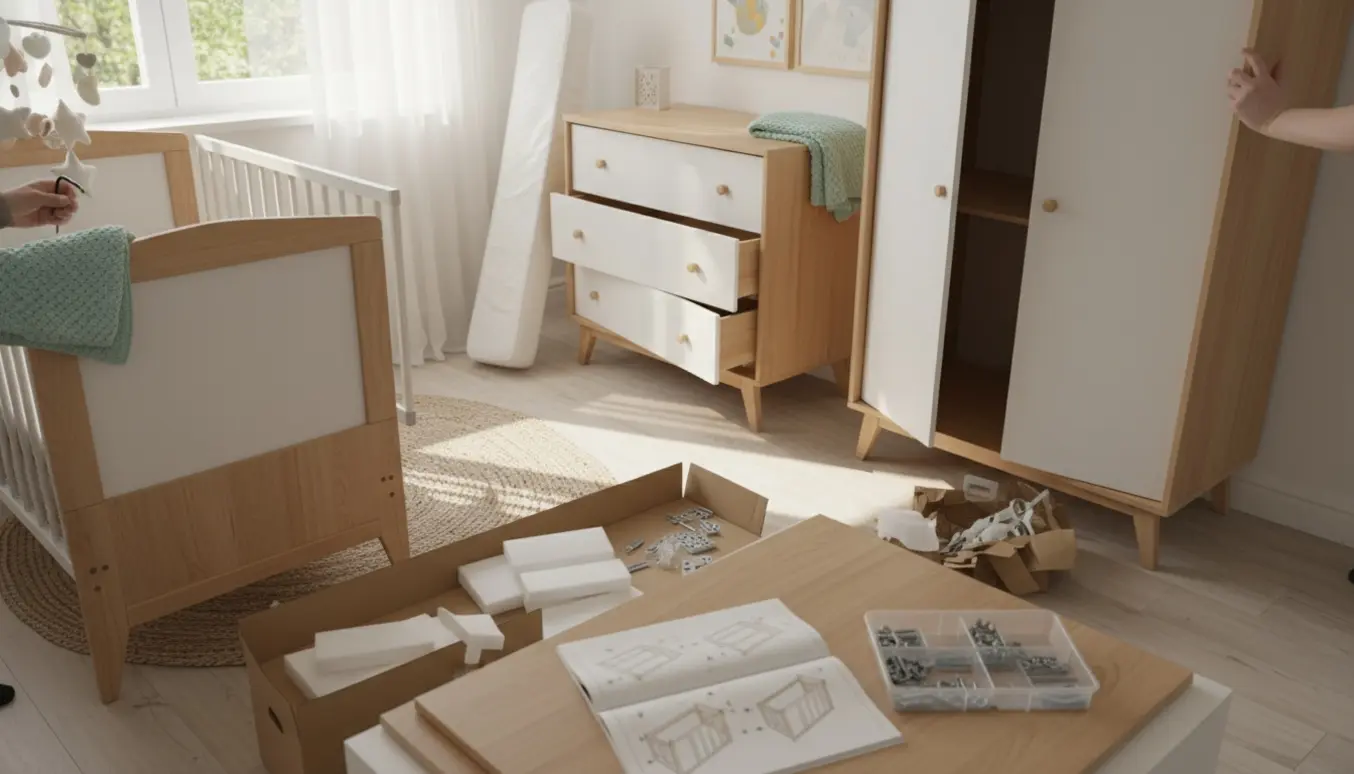 Delvist samlede babymøbler — tremmeseng, puslekommode og klædeskab omgivet af værktøj og kasser i et lyst børneværelse.