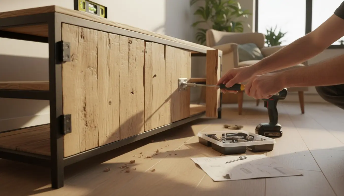 Delvist samlet metal- og træreol med skæve låger og hænder, der justerer et hængsel.