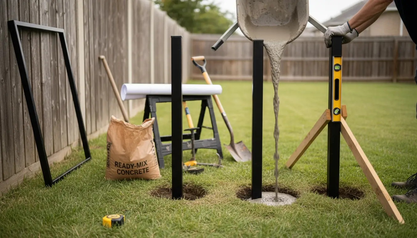 To metalstolper støbes i baghaven med frisk beton og værktøj ved siden af.