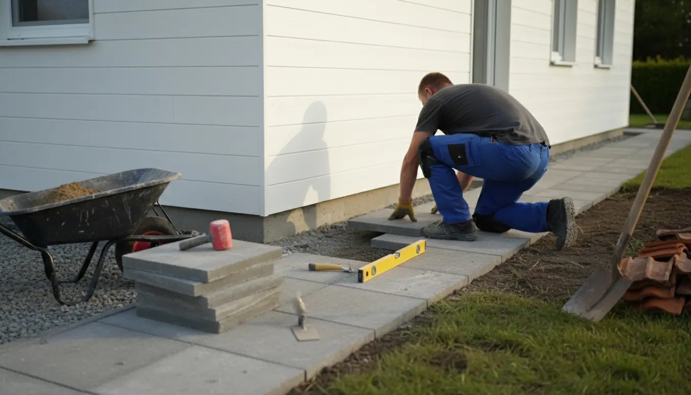 Ny hvid fibercementbeklædning på gavl og vindskeder med 60x60 fliser lagt langs huset og et lille græsareal ved at blive fjernet.