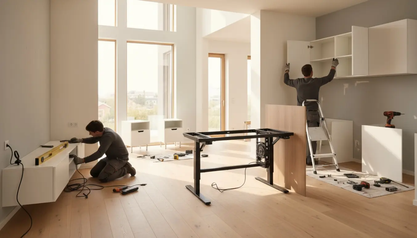 Montage og vægmontering af hvide modulmøbler i hjemmets åbne rum med værktøj og trinladder.
