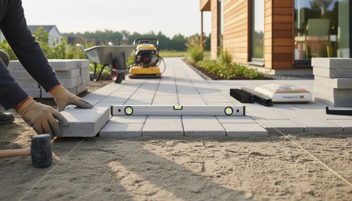 Delvist færdig flisebelægning rundt om et hus med værktøj og en hånd, der placerer en flise.