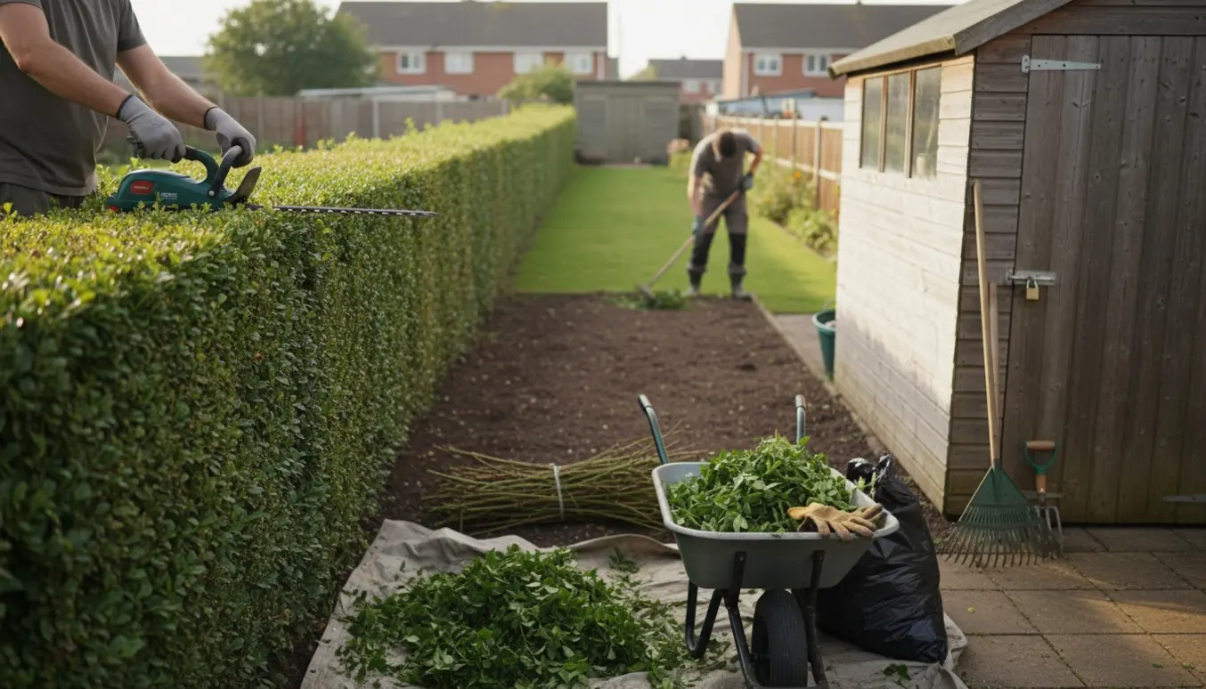 Hæk bliver klippet og bede luges med grønt affald samlet ved et aflåst redskabsskur.