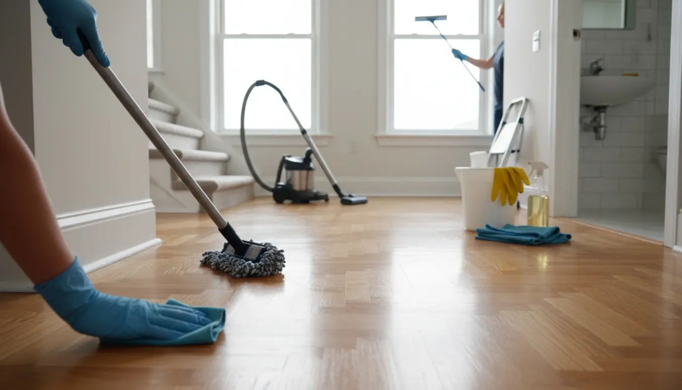 Rengøring ved fraflytning i en lys tom lejlighed med glinsende vinduer, nypudset gulv og rengøringsudstyr.