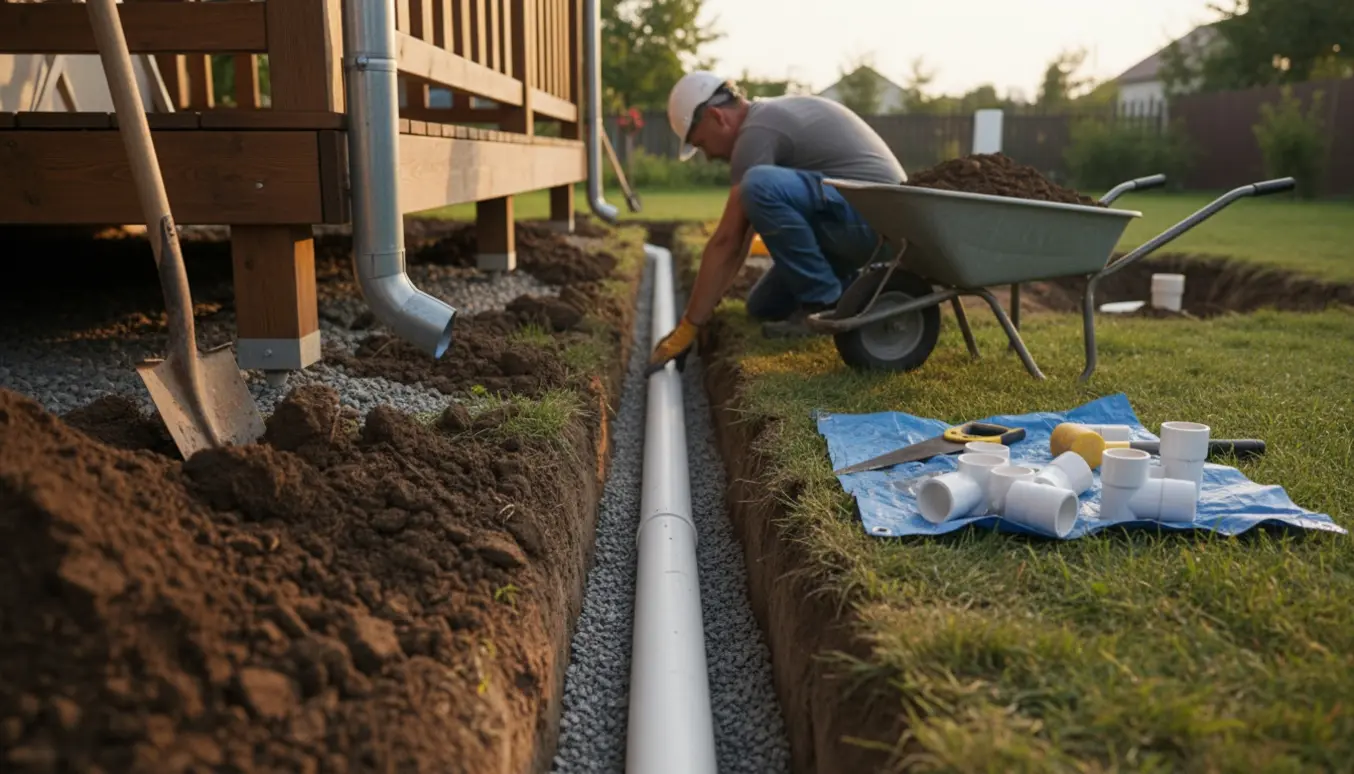 En ryglænet arbejder lægger en bred hvid PVC-drænrør i en åben rende fra en overdækket terrasse mod baghaven.