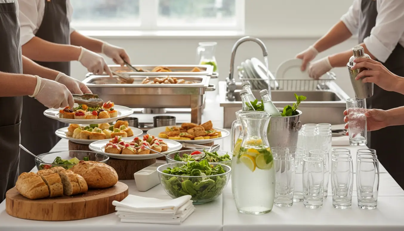 Hænder anretter buffet og fylder drikkevarer op ved et lyst serveringsbord, mens opvask foregår i baggrunden.