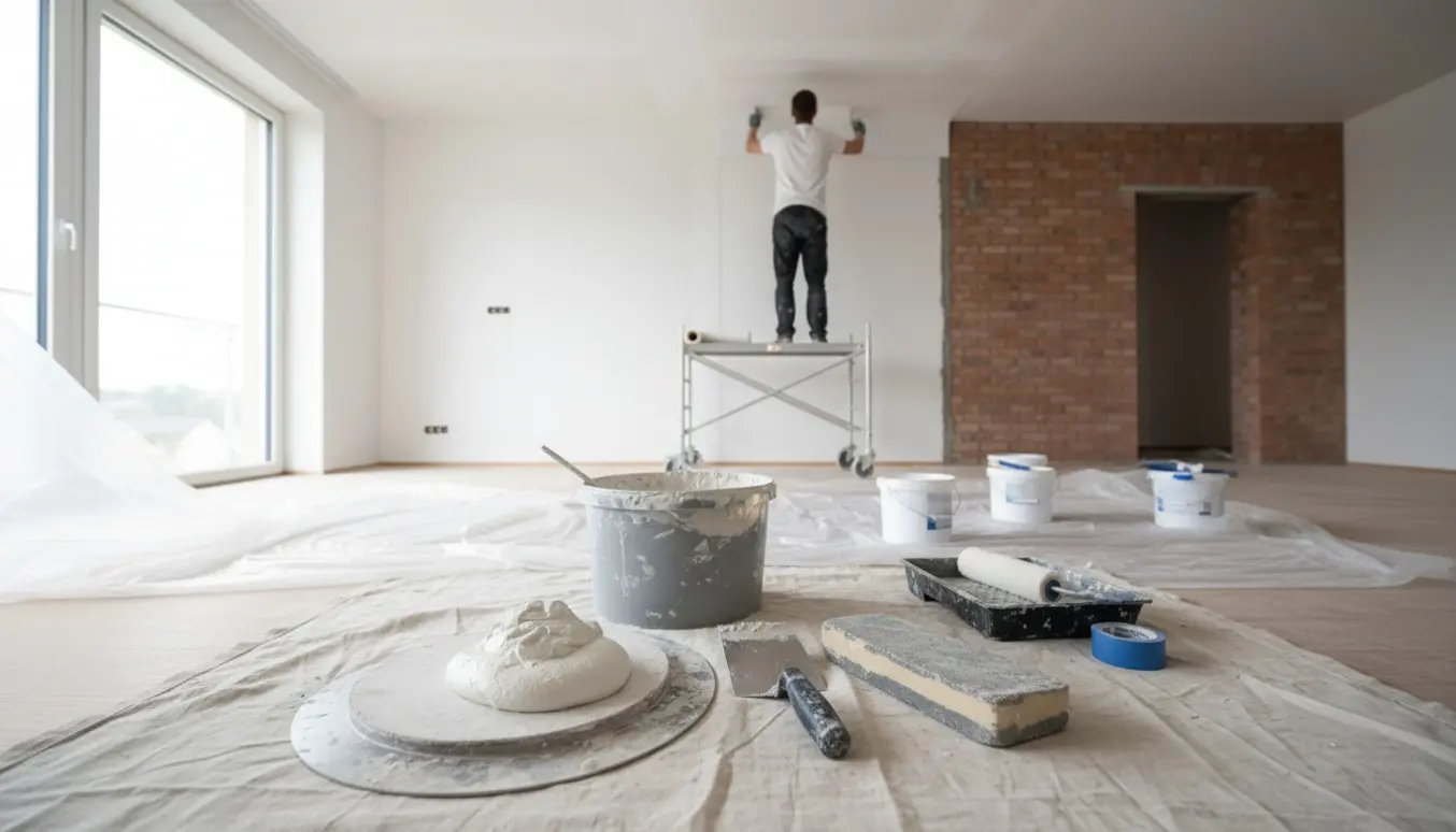 Håndværker set bagfra spartler og filser loftet i en 36 m² stue med ny muret opfyldning efter vægfjernelse.