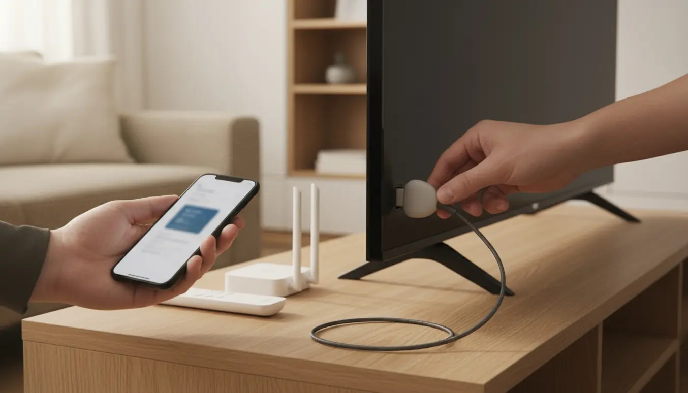 Hænder sætter en Chromecast-lignende streamingdongle i HDMI-porten på en moderne fladskærm med telefon og fjernbetjening ved siden af.