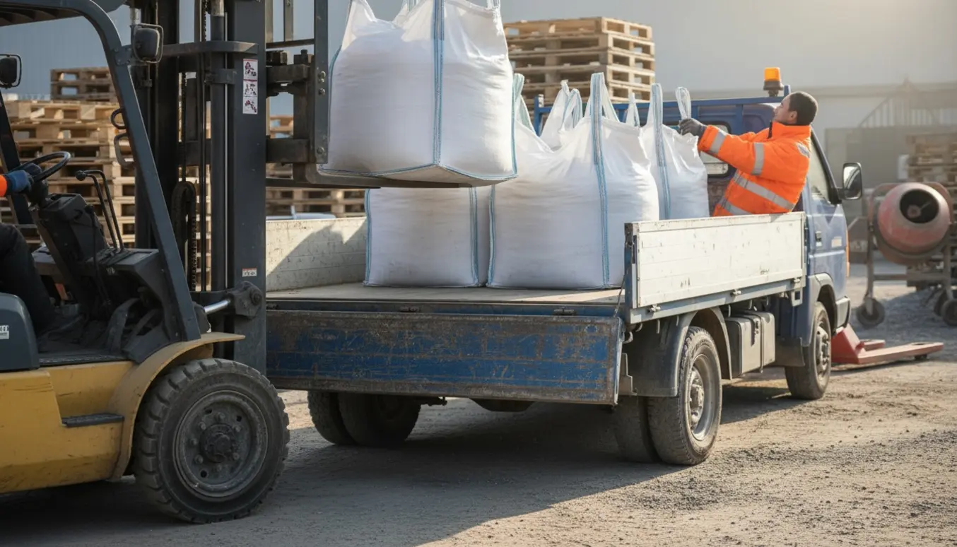 Fire store bigbags med beton læsses på en varevogn ved et byggemarked.