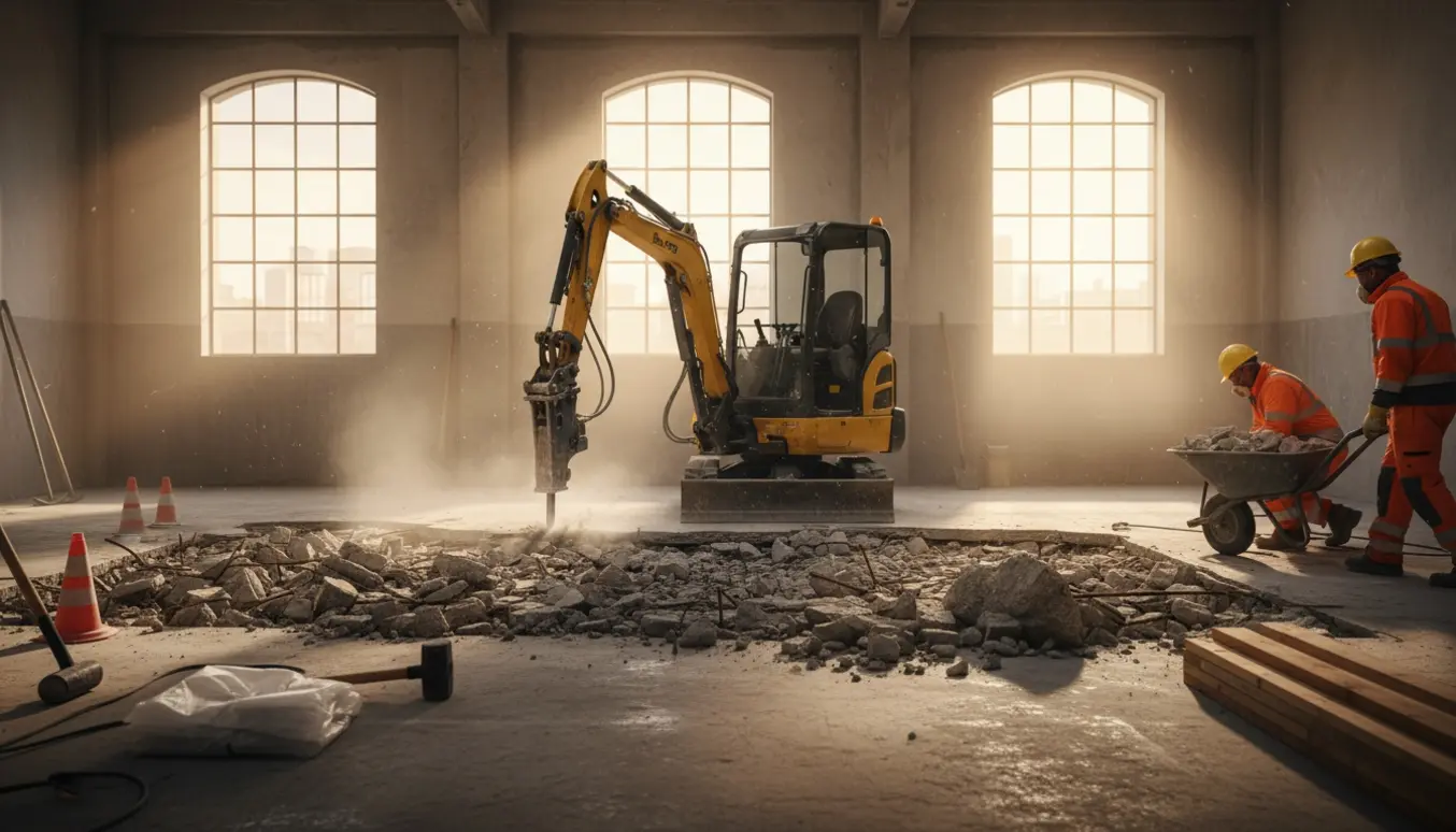 Minigraver og håndværkere bryder betongulv op i to sammenhængende rum med bunker af brudt beton og byggeudstyr.