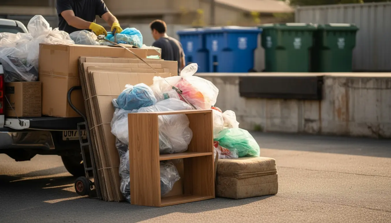 Bunker af pap og plastik ved en åben pick-up, klar til afhentning og aflevering på genbrugspladsen.